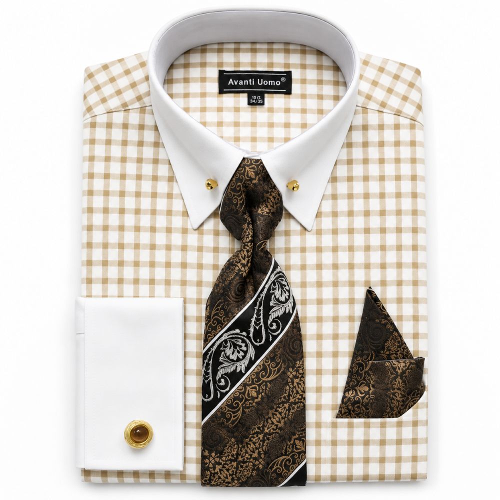 Beige Windowpane French Cuff Dress Shirt Set
