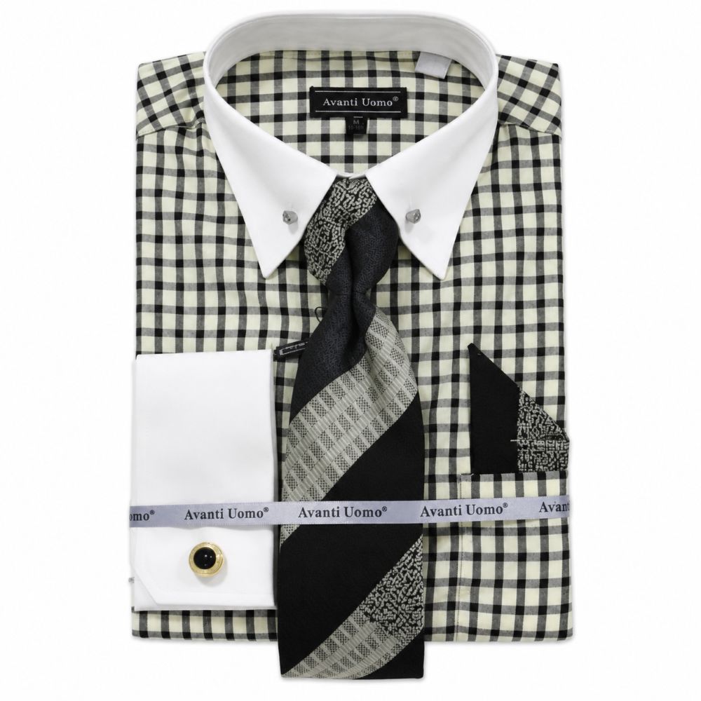 Black Windowpane French Cuff Dress Shirt Set