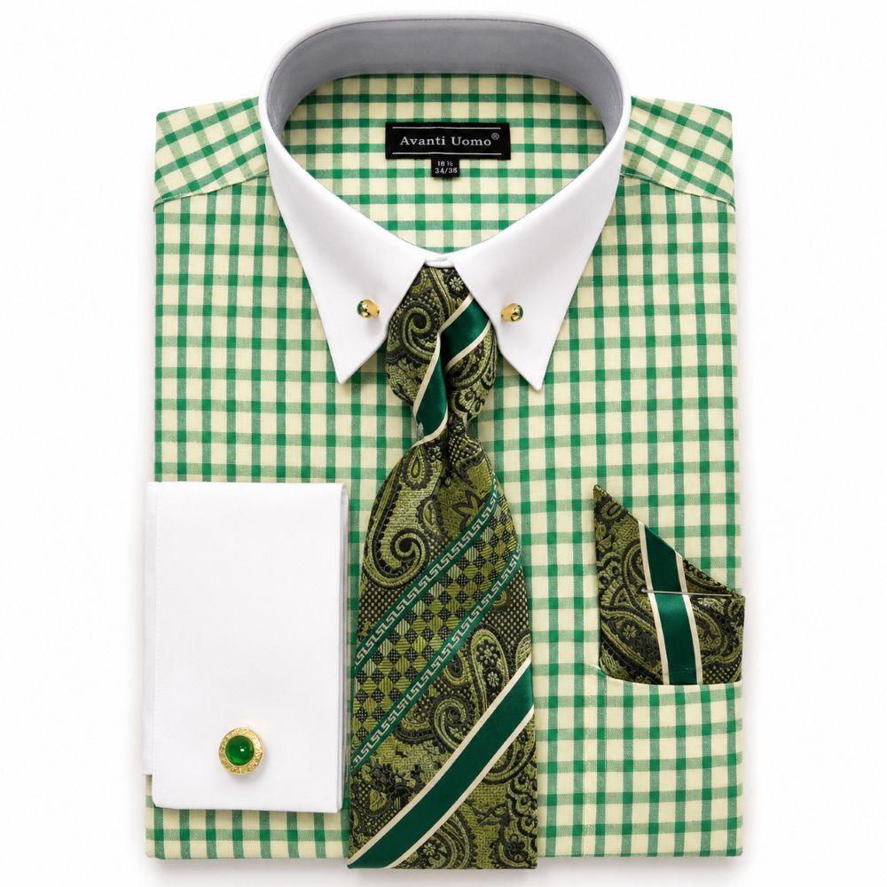 Green Windowpane French Cuff Dress Shirt Set