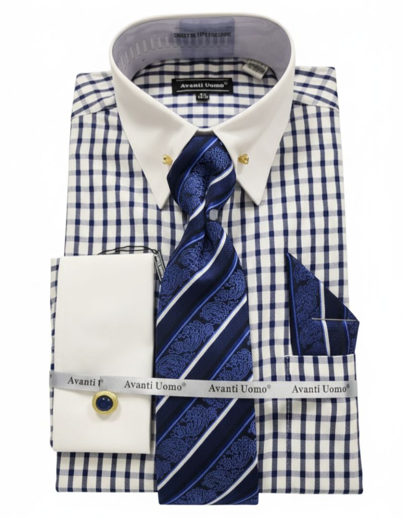 Navy Windowpane French Cuff Dress Shirt Set