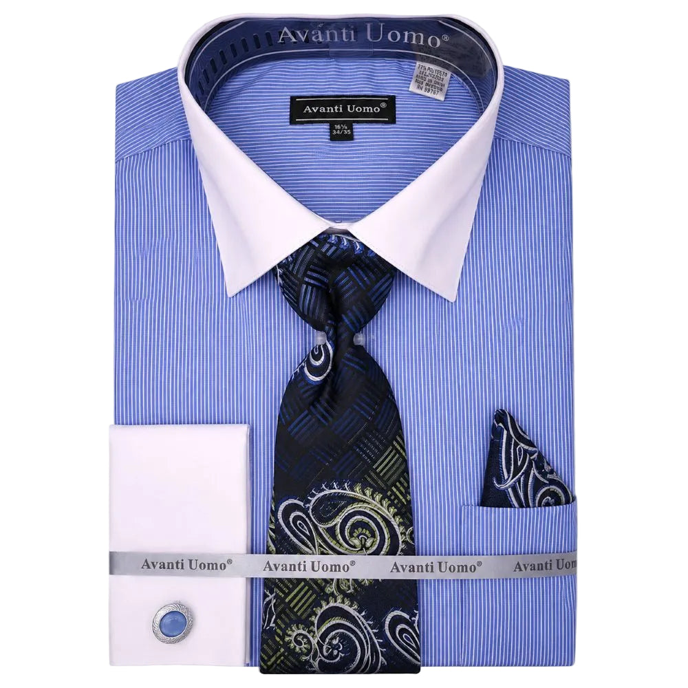Blue regular fit pinstripe French cuff dress shirt set