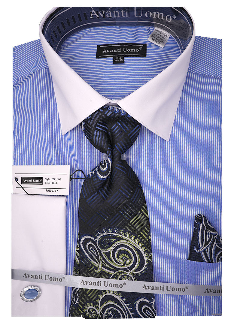 Blue Pin Striped Dress Shirt Set with Tie and Handkerchief