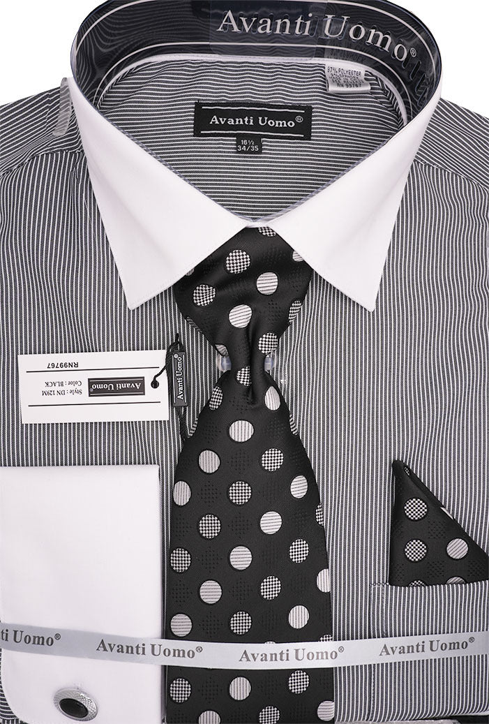 Black Pin Striped Dress Shirt Set with Tie and Handkerchief