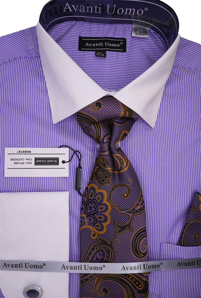 Lavender Pin Striped Dress Shirt Set with Tie and Handkerchief