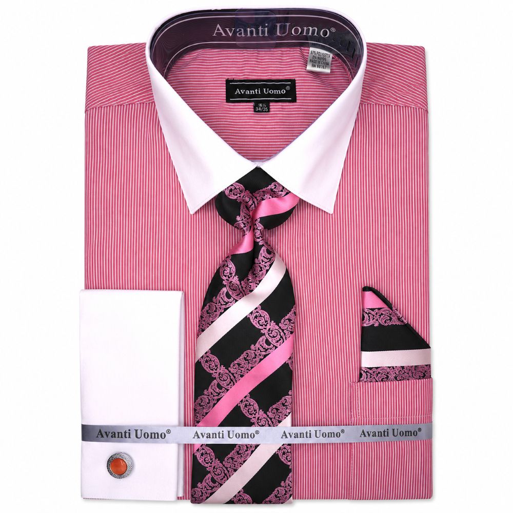 Rust regular fit pinstripe French cuff dress shirt set
