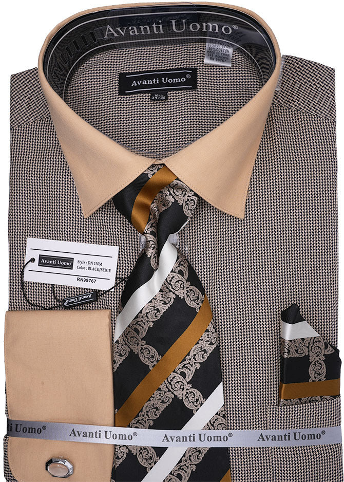 Black Beige Mini-Houndstooth Dress Shirt Set with Tie and Handkerchief