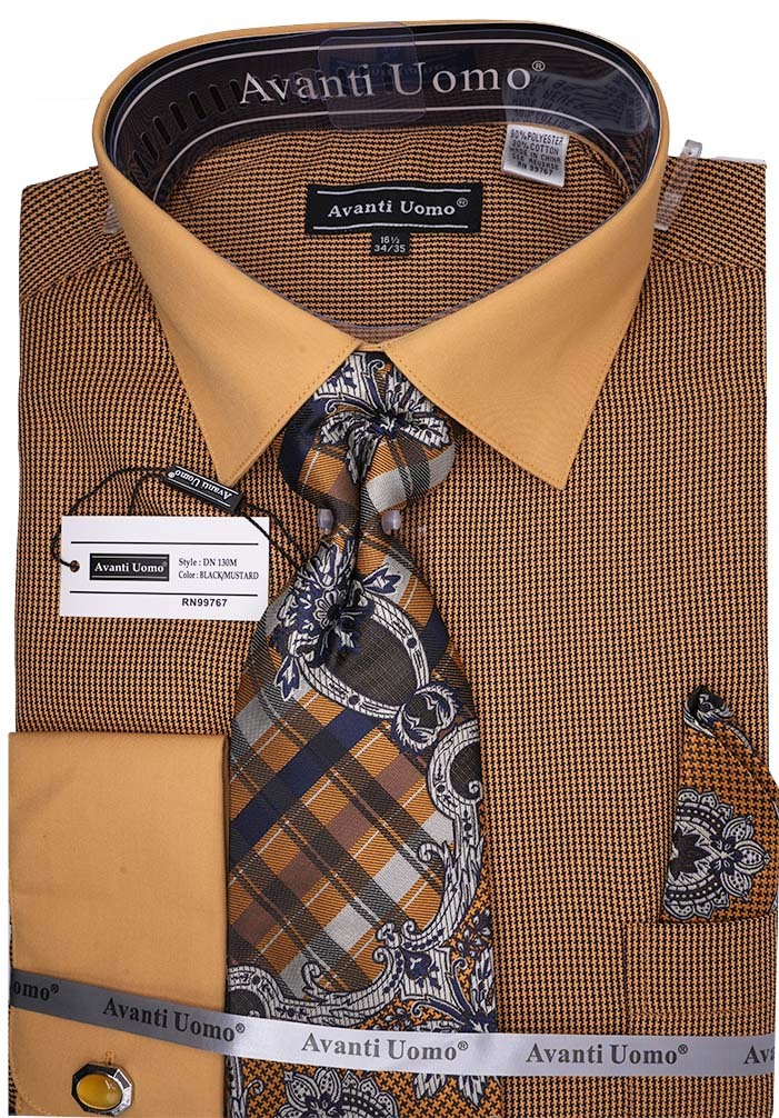Black Mustard Mini-Houndstooth Dress Shirt Set with Tie and Handkerchief