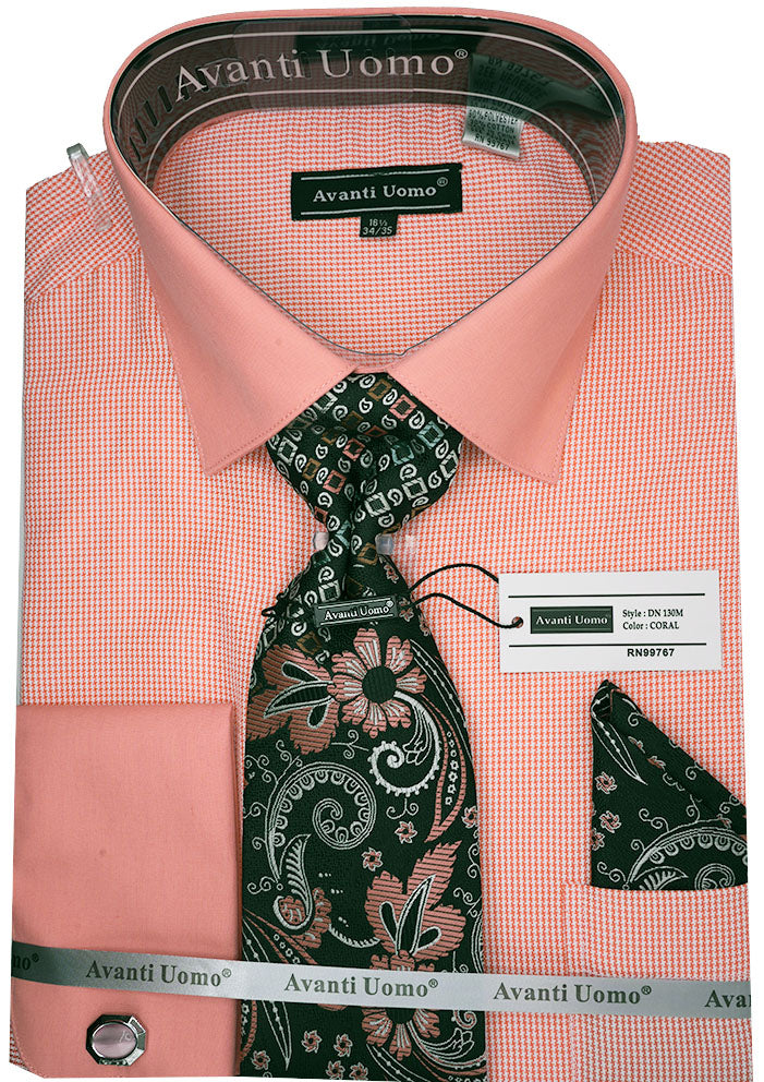 Coral French Cuff Mini-Houndstooth Dress Shirt Set with Tie and Handkerchief