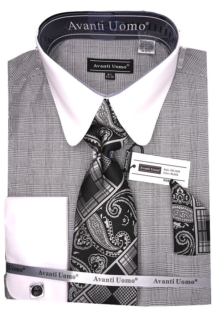Black Windowpane Dress Shirt Set with Tie and Handkerchief