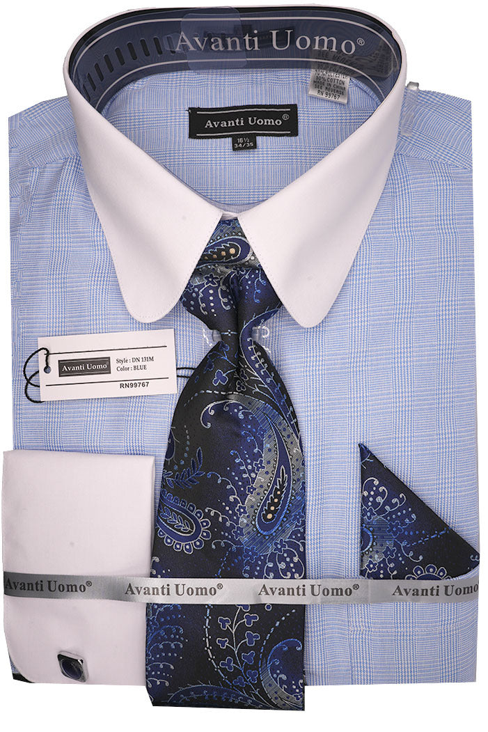 Blue Windowpane Dress Shirt Set with Tie and Handkerchief
