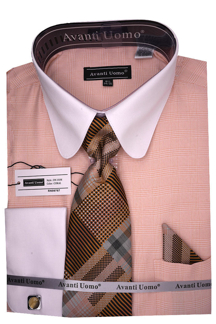 Coral Windowpane Dress Shirt Set with Tie and Handkerchief