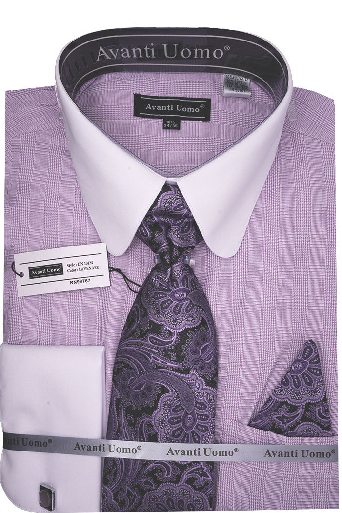 Lavender Windowpane Dress Shirt Set with Tie and Handkerchief
