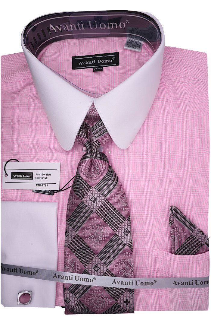 Pink Windowpane Dress Shirt Set with Tie and Handkerchief