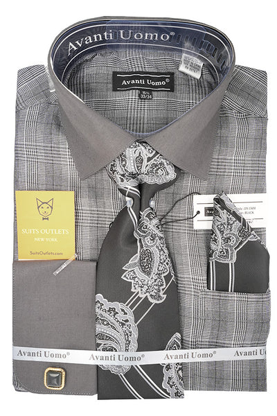Black Plaid French Cuff Dress Shirt Set with Cuff Links, Tie and Pocke