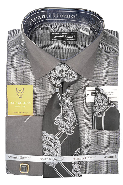 Black Plaid French Cuff Dress Shirt Set with Cuff Links, Tie and Pocke