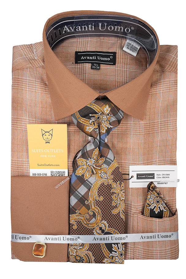 Brown Plaid Dress Shirt Set with Tie and Handkerchief
