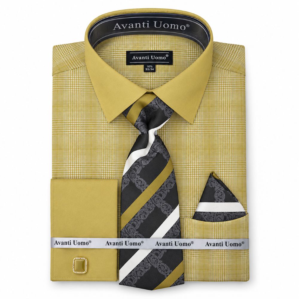 Regular Fit Plaid French Cuff Dress Shirt Set - Olive