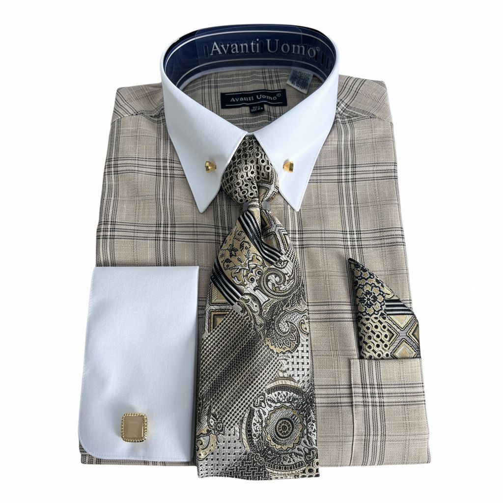 Beige Glen Plaid French Cuff Dress Shirt Set