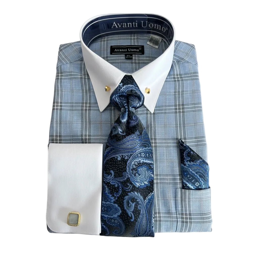 Blue Glen Plaid French Cuff Dress Shirt Set
