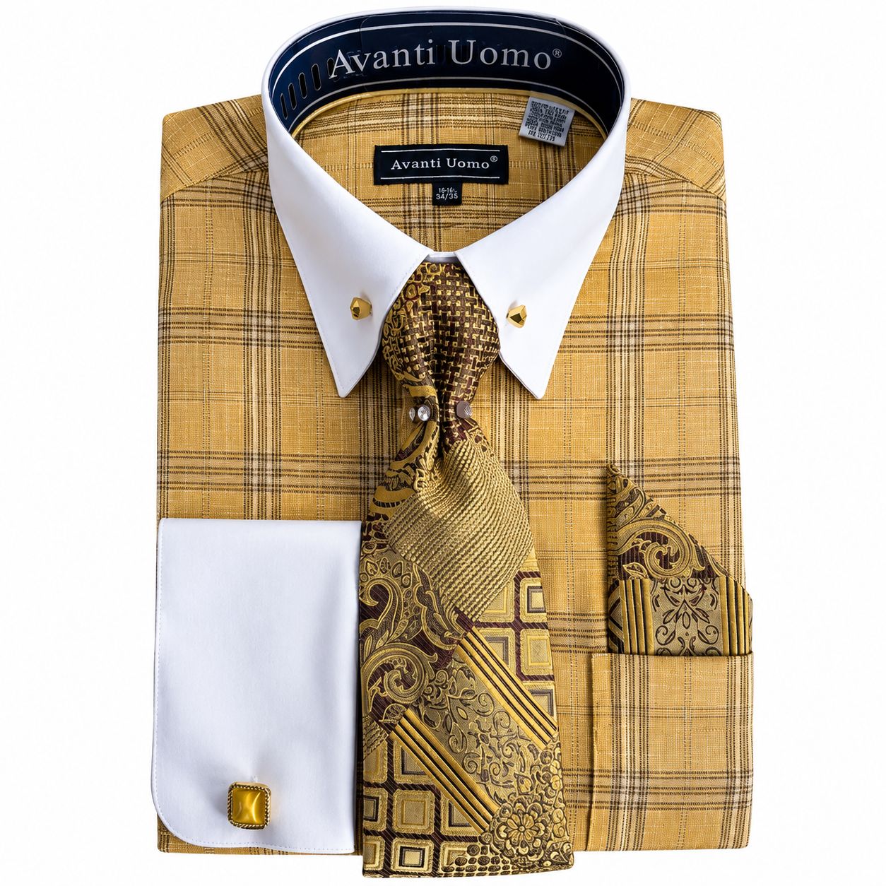 Mustard Glen Plaid French Cuff Dress Shirt Set