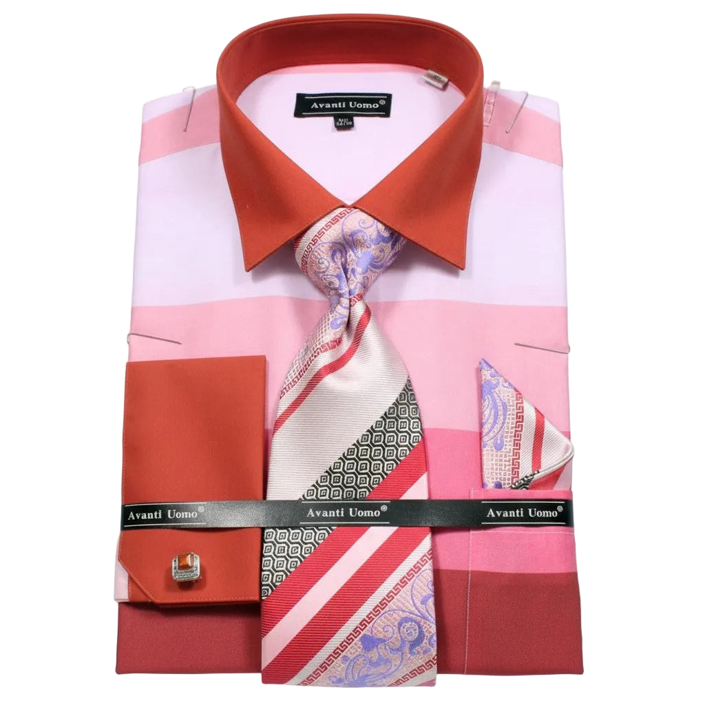 French Cuff Shirt in Pink with Tie, Cuff Links, and Pocket Square