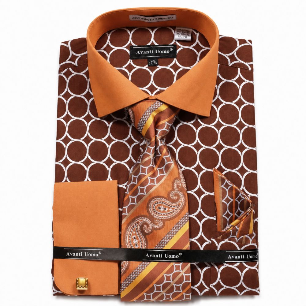 Brown Circle Print French Cuff Dress Shirt Set