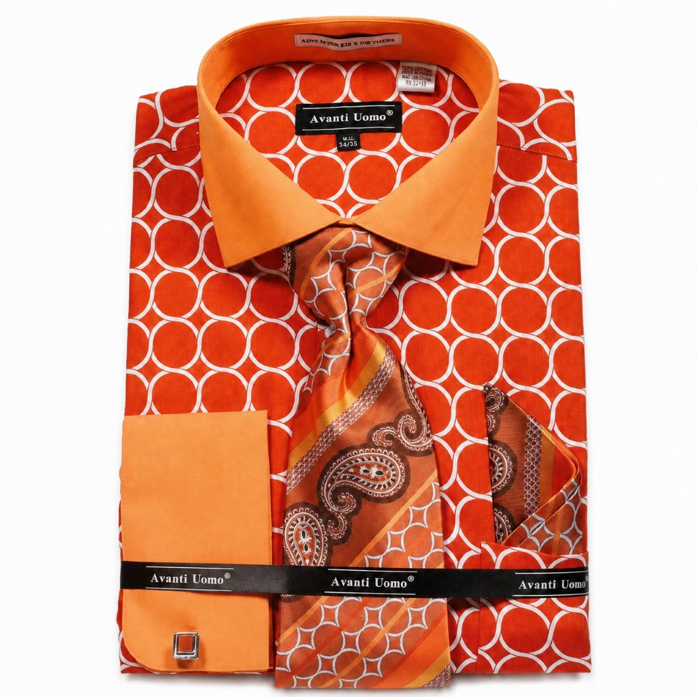 Orange Circle Print French Cuff Dress Shirt Set
