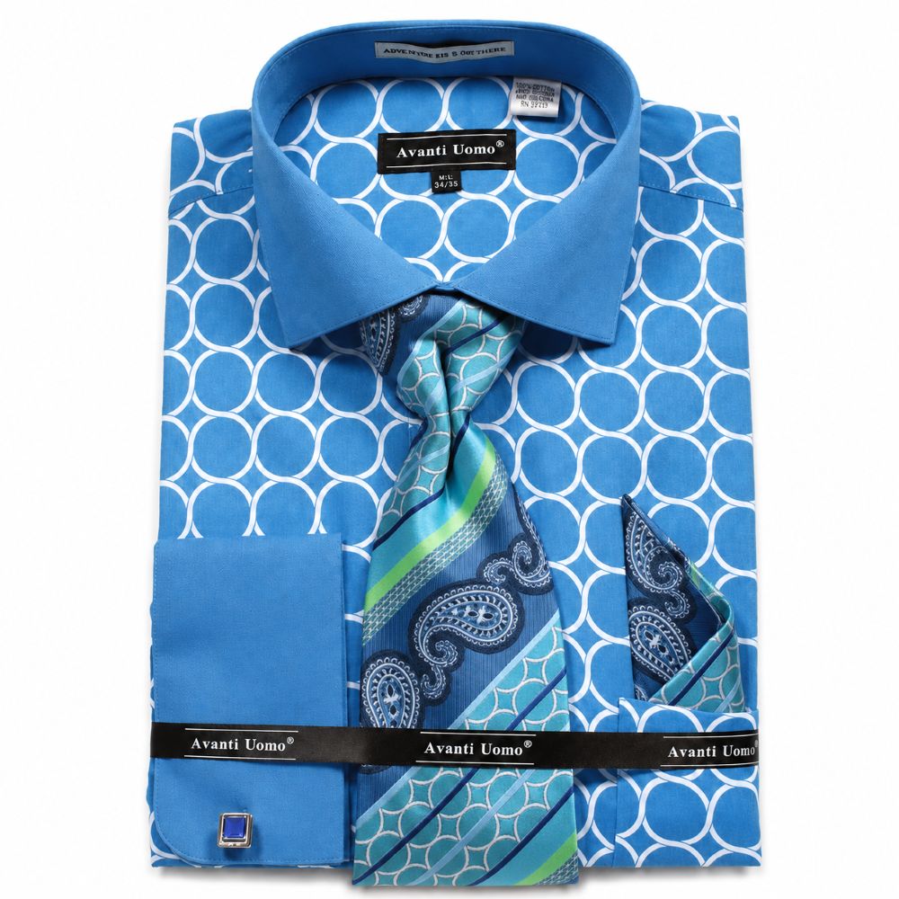 Turquoise Circle Print French Cuff Dress Shirt Set