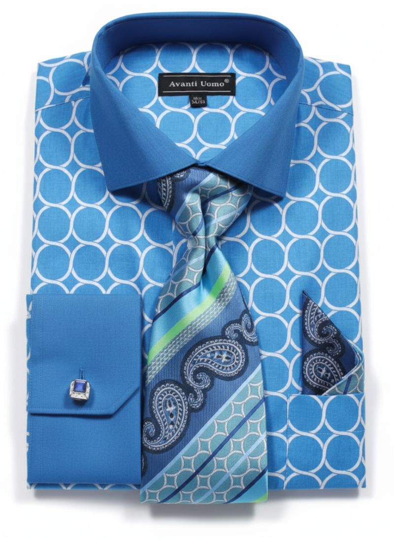 Turquoise Circle Print French Cuff Dress Shirt Set