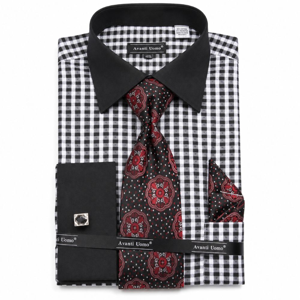 Check Pattern French Cuff Dress Shirt Set - Black