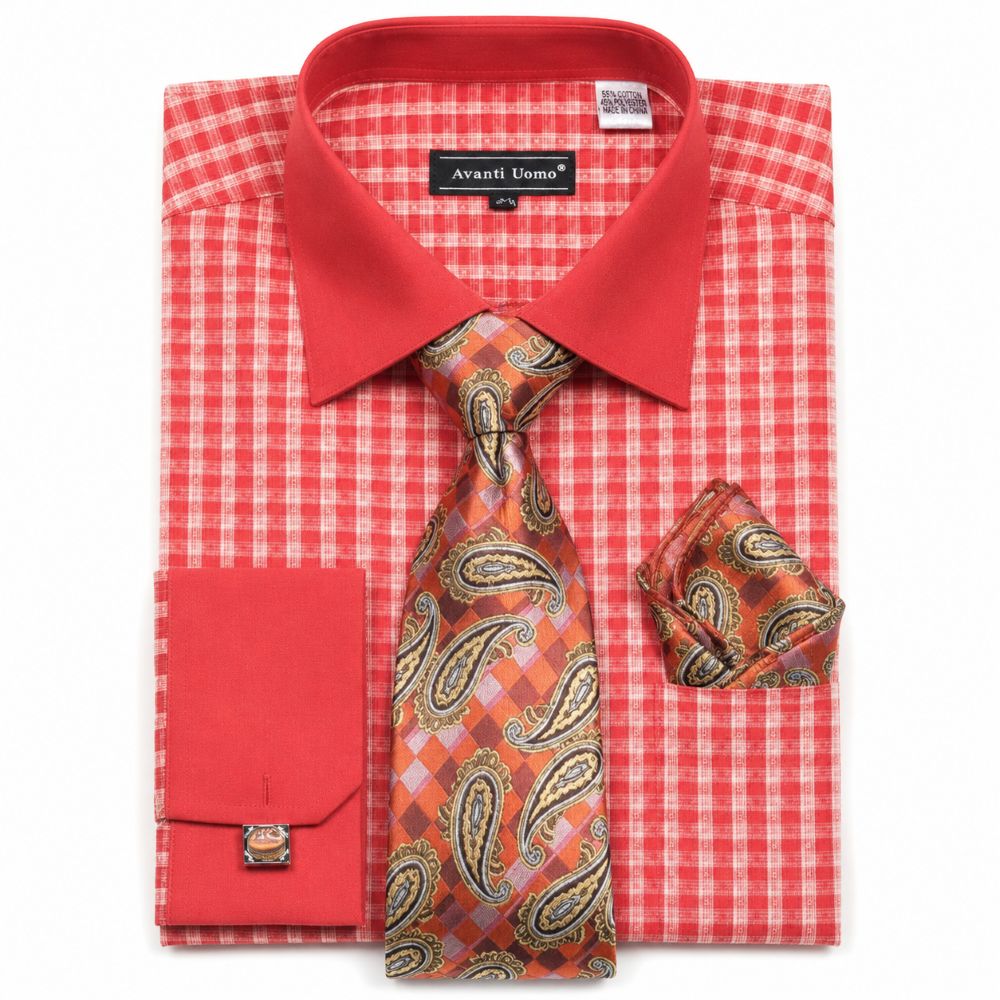Check Pattern French Cuff Dress Shirt Set - Coral