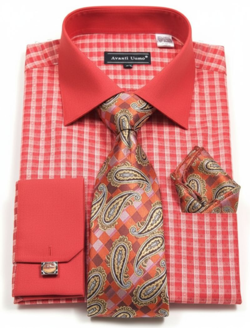 Check Pattern French Cuff Dress Shirt Set - Coral
