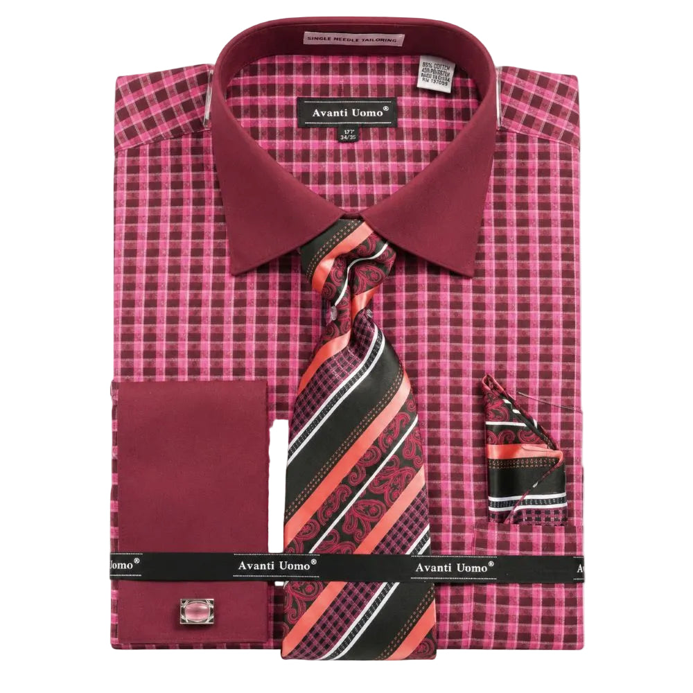 Check Pattern French Cuff Dress Shirt Set - Fuchsia