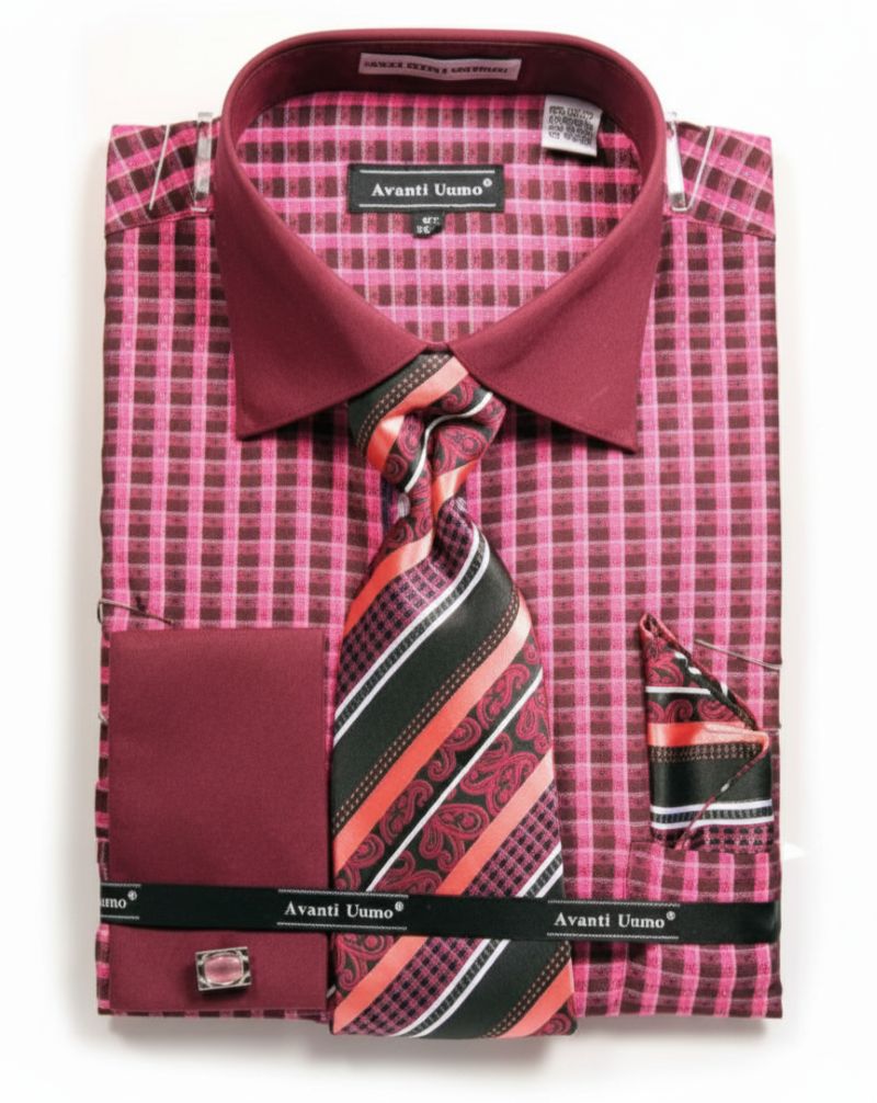 Check Pattern French Cuff Dress Shirt Set - Fuchsia