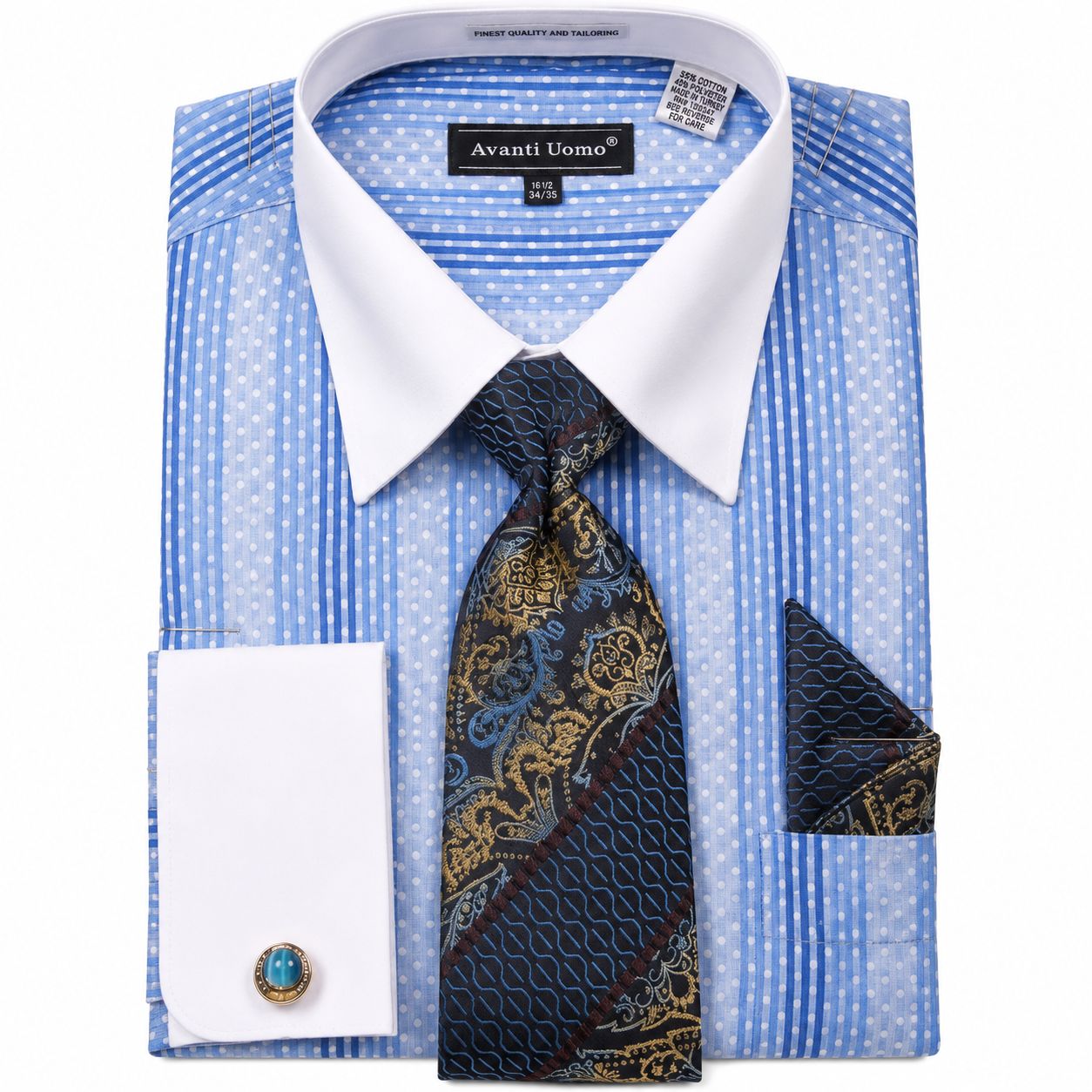 Blue Jacquard Stripe French Cuff Dress Shirt Set