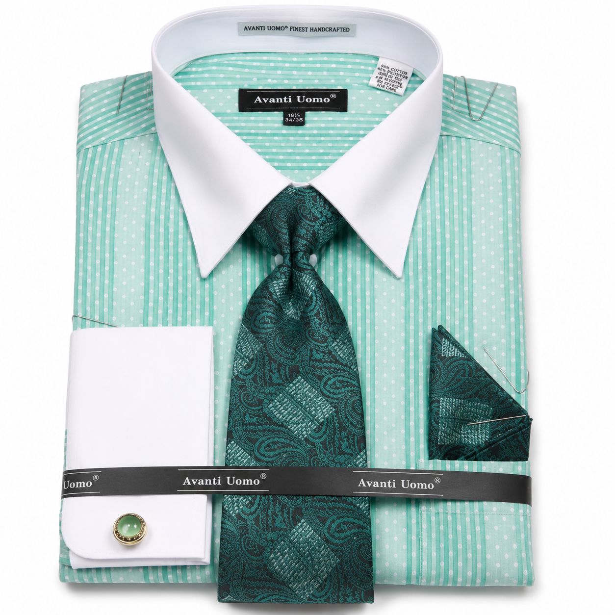Mint Jacquard Stripe French Cuff Dress Shirt Set