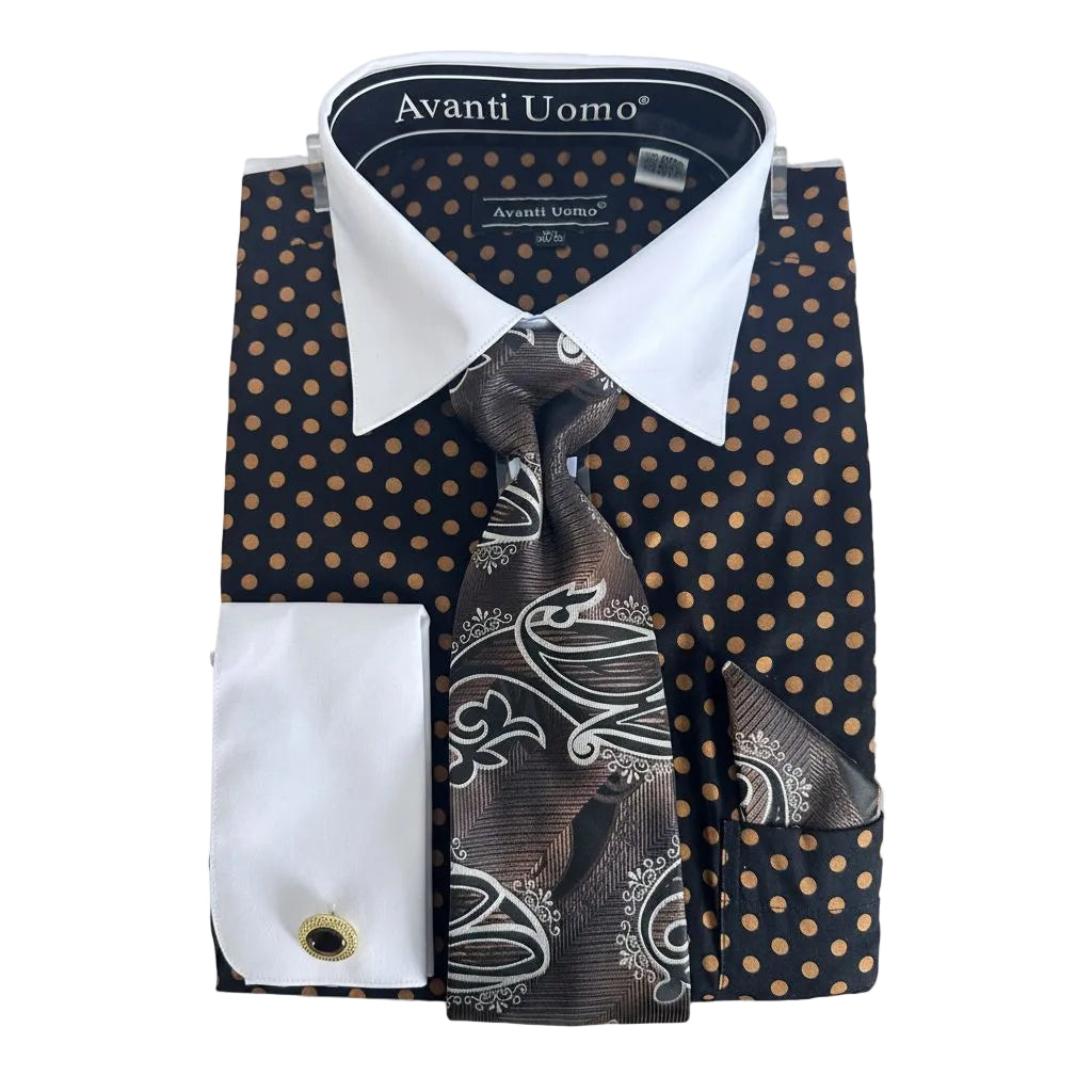 Polka Dot Design French Cuff Dress Shirt Set - Black/Taupe