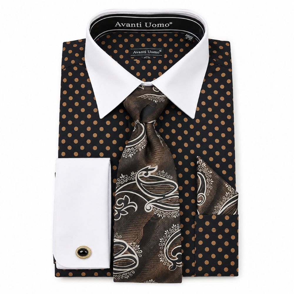 Polka Dot Design French Cuff Dress Shirt Set - Brown