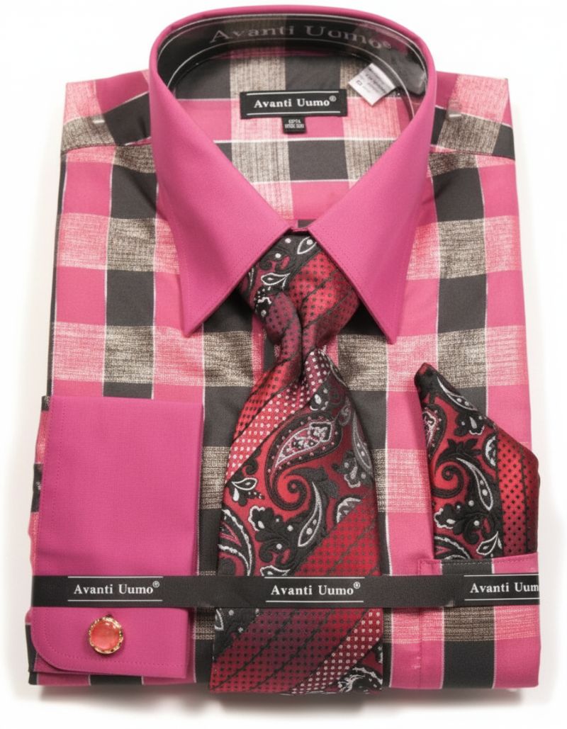 Multi Colored Check Pattern French Cuff Dress Shirt Set - Burgundy