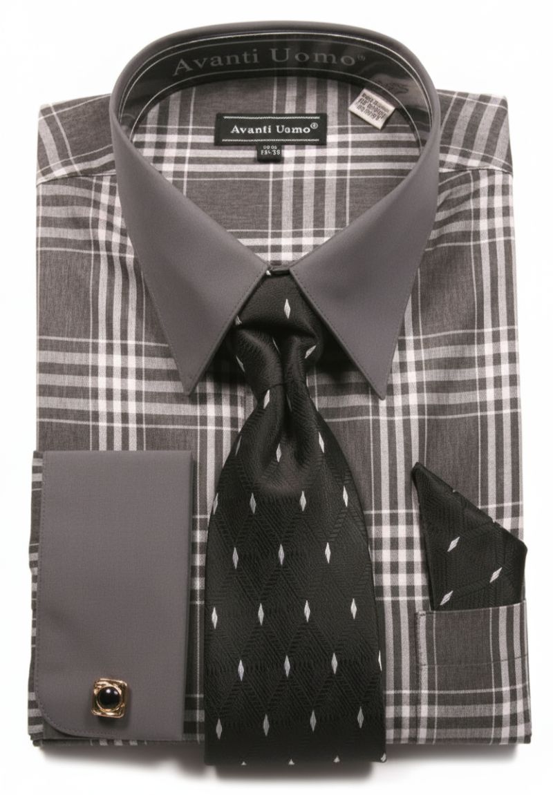 Gray Check Pattern French Cuff Dress Shirt Set