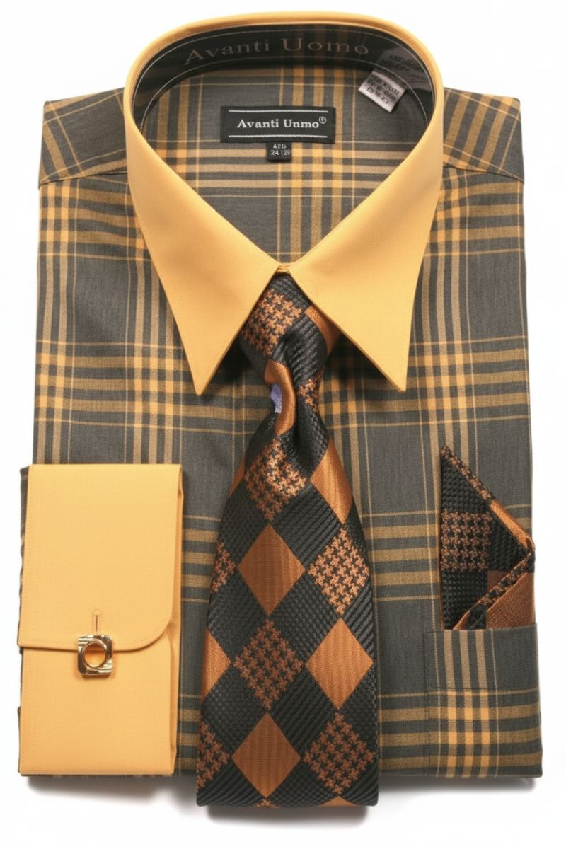 Mustard Check Pattern French Cuff Dress Shirt Set