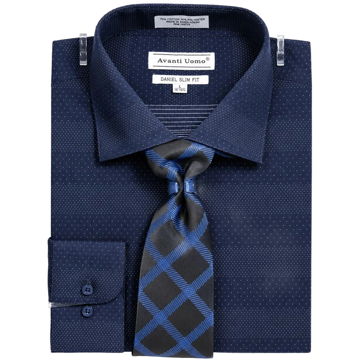 Button Cuff Slim Fit Mini Dots Dress Shirt Set Navy