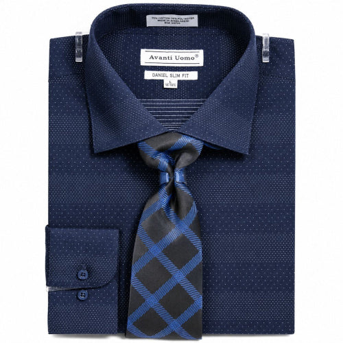 Navy slim fit mini dot button cuff dress shirt set