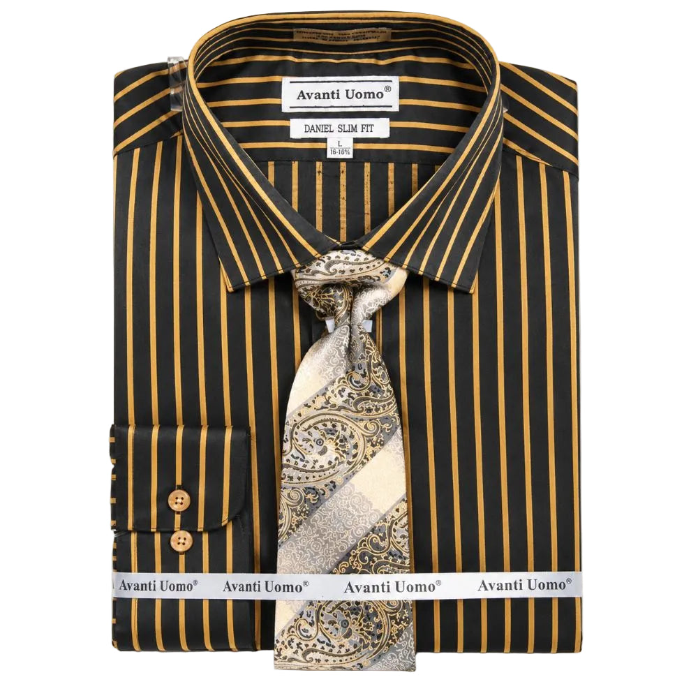 Black and mustard slim fit striped dress shirt set