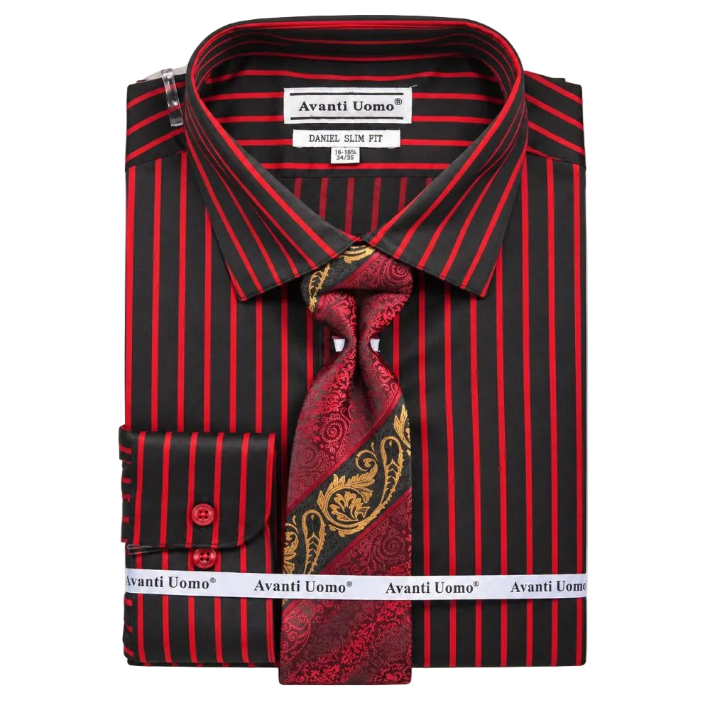 Black and red slim fit striped dress shirt set