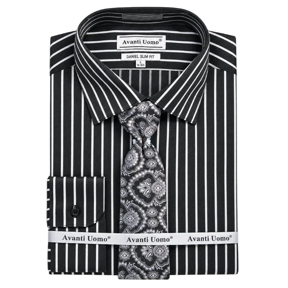 Black and silver slim fit striped dress shirt set