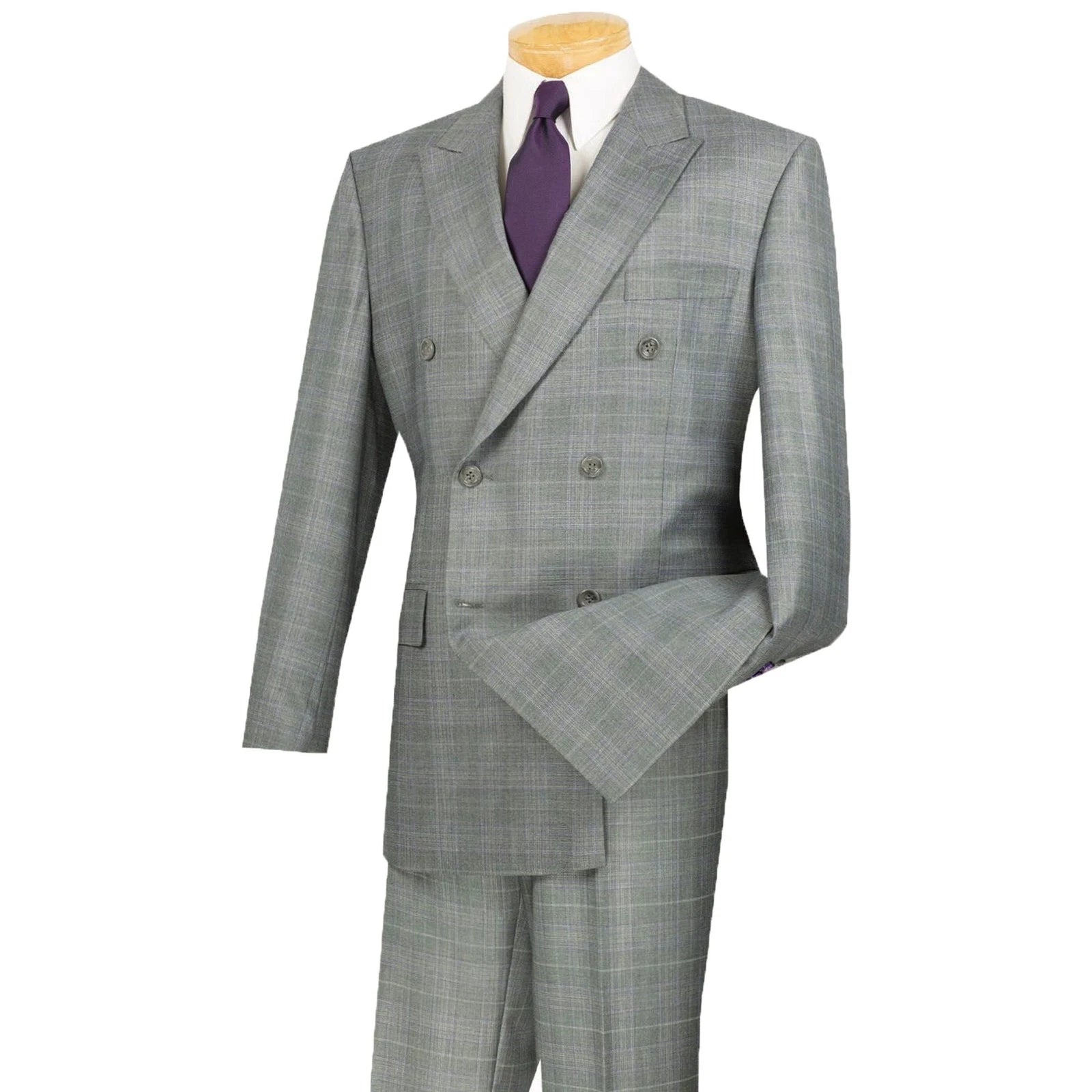 Gray Double Breasted 2 Piece Suit Regular Fit Glen Plaid