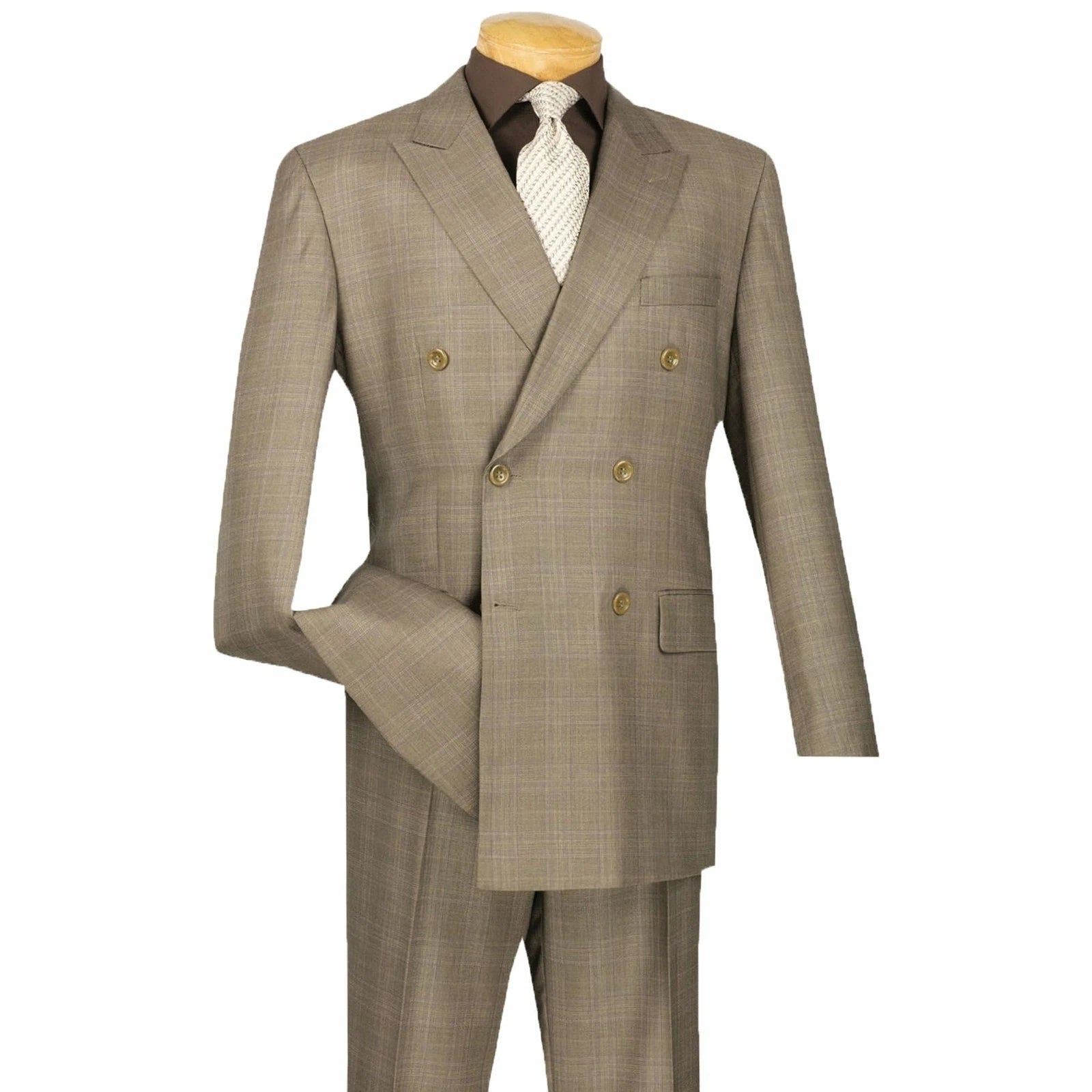Tan Double Breasted 2 Piece Suit Regular Fit Glen Plaid