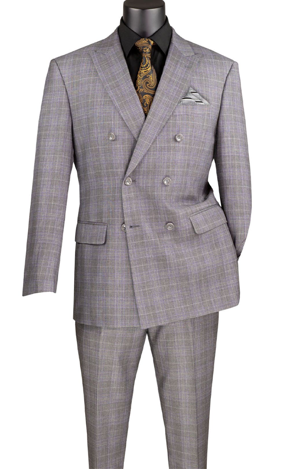 Alexander Collection - Gray Double Breasted 2 Piece Suit Regular Fit Glen Plaid
