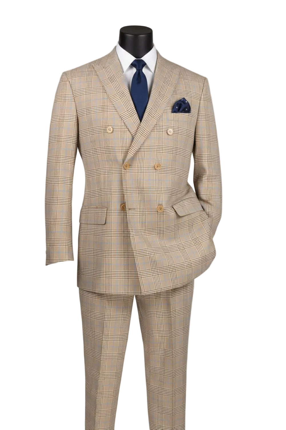 Alexander Collection - Beige Double Breasted 2 Piece Suit Regular Fit Tone on Tone Windowpane